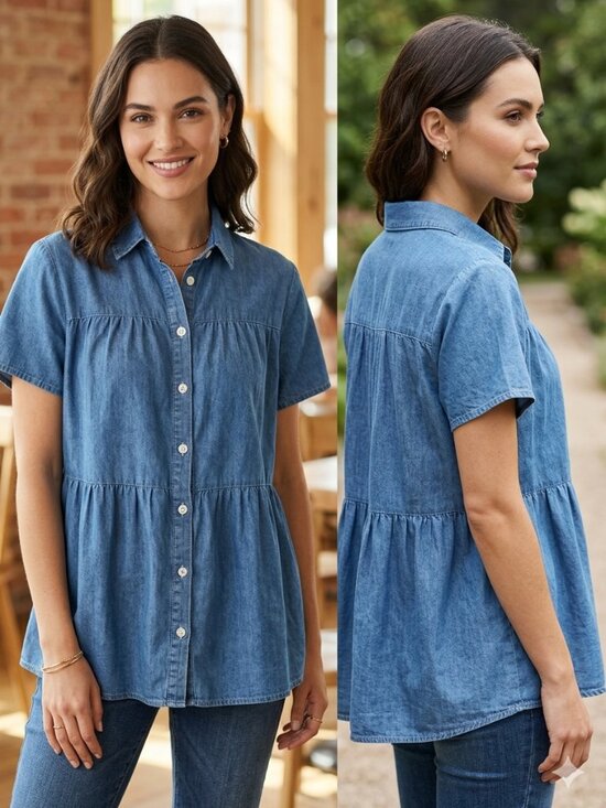 Time and Tru Tops - Time and Tru Denim Babydoll Button Down Oversized Shirt Blue - Size Medium